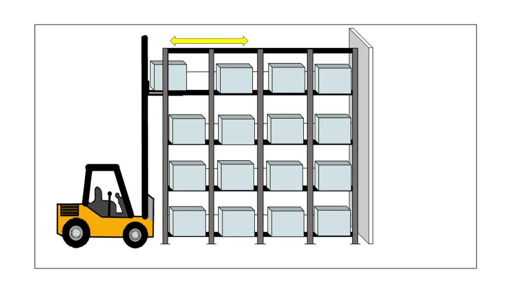 En truck henter en eske fra en lagerreol med mange esker/paller. Illustrasjon.