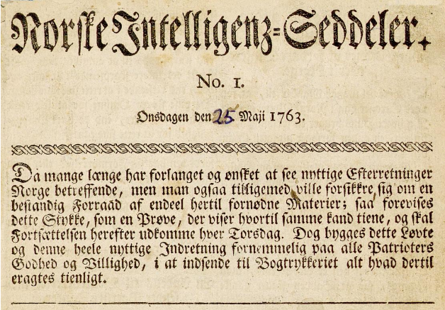 Utsnitt av framsida til avisa Norske Intelligenz-Seddeler i 1763. Den har gotisk skrift. Faksimile.