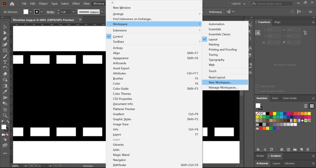 Arbeidsvindu i medieprogramvaren Illustrator. Arbeidsvinduet har grå bakgrunn og viser en stor filmstripe i svart-hvitt. Vi ser dessuten Window-menyen, som inneholder mange alternativer for arbeidsvindu. Til høyre vises noen verktøy og små bokser med ulike farger. Skjermbilde.