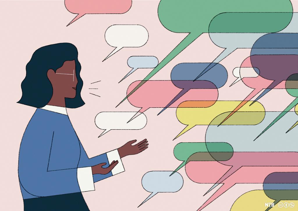 Woman in a blue sweater, she is talking. There are speech bubbles in different colours in front of her. Illustration. 