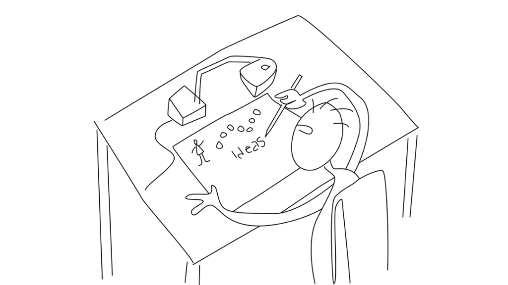 En tegnet karakter sitter ved et bord og tegner. Illustrasjon. 