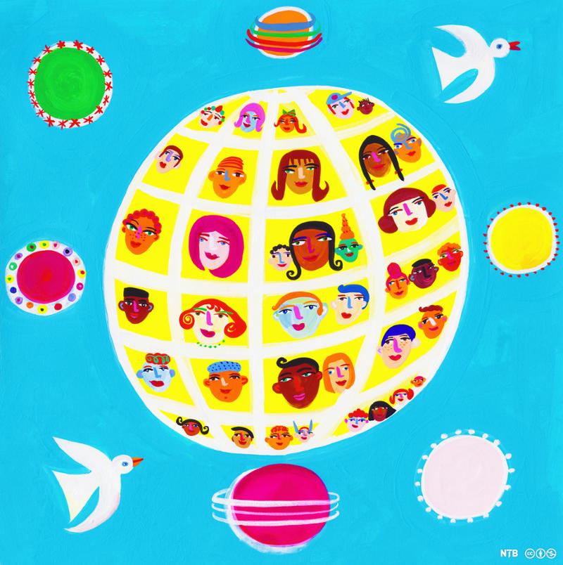 Illustration. We see a circle surrpunded by peace doves and planets. On the circles are lots of squares. Each square has people in them. The picture is brigh, childish and colourful. 