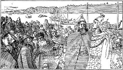 Ein konge med dronninga si ved sida av, omgitt av folk og med skip ute i fjorden. Håkon den gode taler på tinget til trønderane. Illustrasjon av Christian Krohg til 1899-versjonen av Heimskringla.