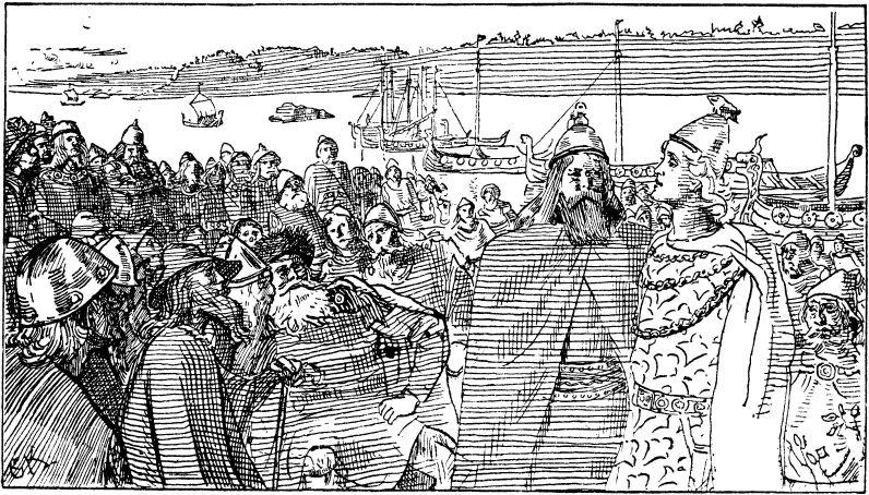 En konge med sin dronning ved siden av, omgitt av folk og med skip ute i fjorden. Håkon den gode taler på tinget til trønderne. Illustrasjon  av Christian Krohg til 1899-versjonen av Heimskringla.