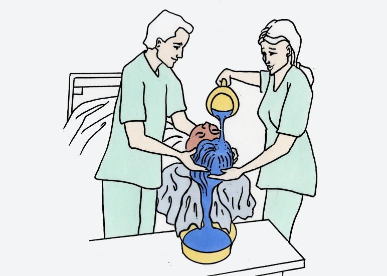 En mann og ei kvinne vaskar håret til en person som ligg i senga. Begge støttar hovudet til personen, og kvinna tømmer vatn gjennom håret ned i eit vaskefat. Illustrasjon.