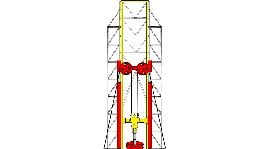 Et hydraulisk sylindertårn med to parallelle sylindre er animert til å vise bevegelsene opp og ned. Illustrasjon. 