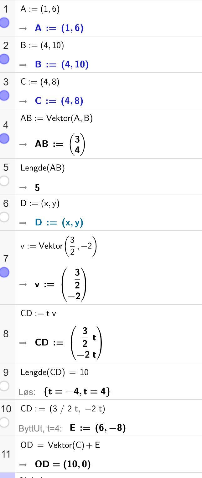 I de tre første linjene defineres punktene A, B og C fra oppgaveteksten. I linje fire finner vi vektoren AB kolon er lik "Vektor" parentes A komma B parentes slutt, svaret er gitt som 3 over 4. I linje fem: "Lengde" parentes AB parentes slutt. Svaret er gitt som 5. I linje 6 defineres punktet D som parentes x komma y parentes slutt. I linje sju defineres vektoren v som tre todeler over minus 2. I linje åtte defineres CD-vektor som t multiplisert med v. Resultatet er tre todeler multiplisert med t over minus 2 multiplisert med t. I linje ni løses likningen "Lengde" parentes CD parentes slutt er lik 10. Svaret er gitt som 4 og minus 4. I linje ti bytter vi ut t med 4 i vektor CD og får E gitt som parentes 6 komma minus 8 parentes slutt. I linje elleve finner vi OD ved å ta "Vektor" parentes C parentes slutt pluss E. Svaret er gitt som parentes 10 komma 0 parentes slutt. Skjermutklipp. 