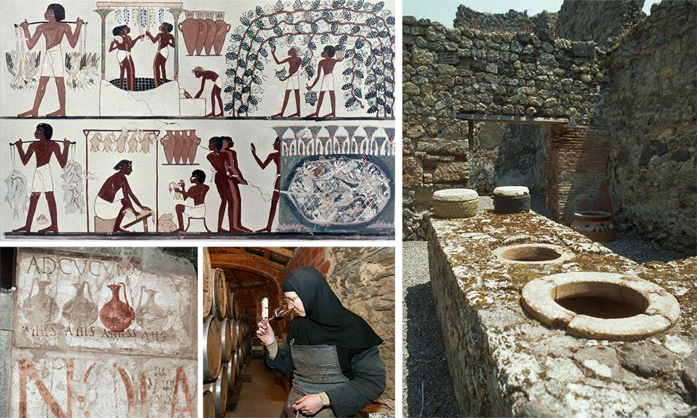 På biletet ser du eit egyptisk kryptmaleri øvst t.v., eit romersk vinbutikkskilt og ei nonne som luktar på vin. T.h