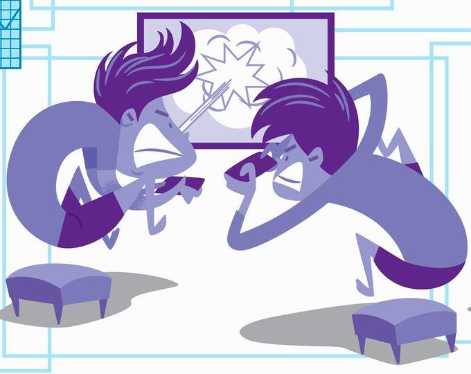 Illustration: We see two people angrily playing a computer game with explosions in it. 