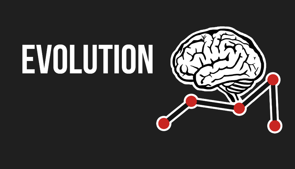 Hjerne koblet til linjer med kuler som kan minne om knokler og ledd. Teksten "Evolution" står ved siden av. Illustrasjon.