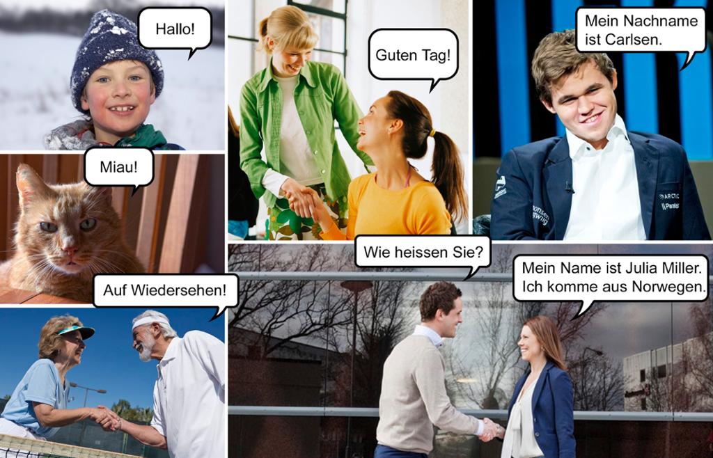 Ulike situasjonar der folk helser på kvarandre, både i jobbsamanheng og privat. Ulike aldersgrupper. Kollasj.