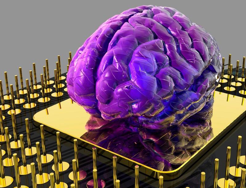 Modell av en stor, lilla hjerne på ei gullplate med mange små, gullfargede pinner stående rundt. Illustrasjon. 