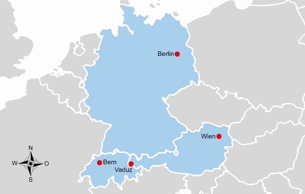Hovedsteder i tysktalende land. Kart.