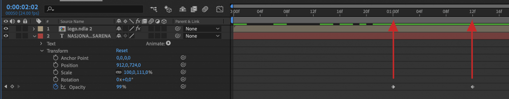 Arbeidsvindu hvor starten og slutten på en effekt i ei tidslinje i en scene i programmet After Effects er markert med røde piler. Skjermdump.