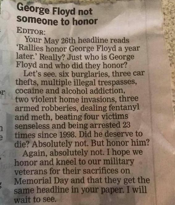 A letter to the editor protesting to the honouring of George Floyd
