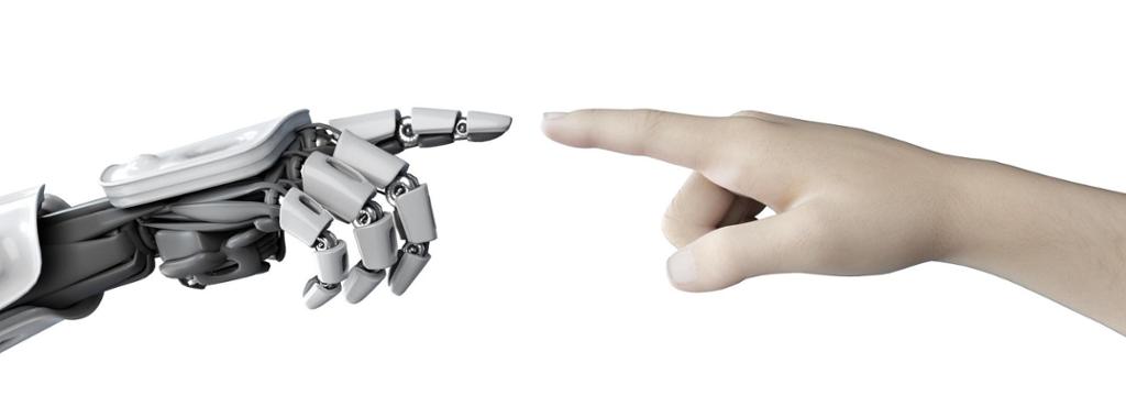 Ei menneskehand med utstrekt peikefinger møter ei robothand med utstrekt peikefinger. Illustrasjon.