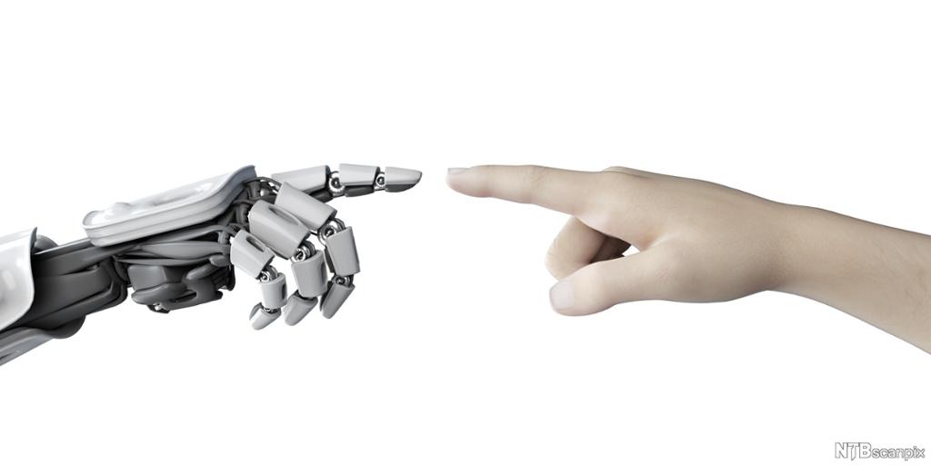 En robothånd og en menneskehånd peker mot hverandre. Illustrasjon. 