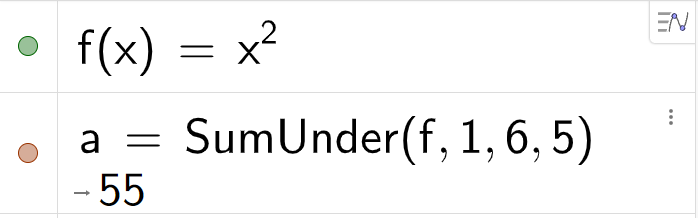 Definisjon av funksjon i algebrafeltet i GeoGebra. På den øverste linja står det f av x er lik x i andre. På den nederste linja står det a er lik SumUnder parentes f komma 1 komma 6 komma 5 parentes slutt. Resultatet er 55. Skjermutklipp.