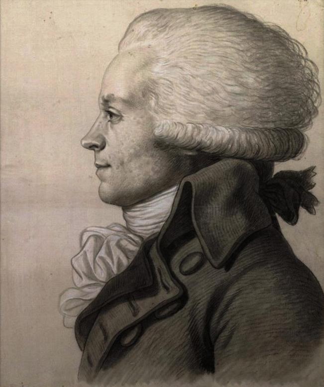Portrettet, i svart/kvitt, er fra sida, og Robespierre har parykk, jakke med høg krage og tørkle i halsen. Illustrasjon. 