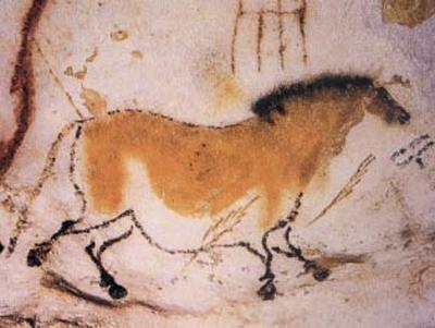 Holemaleri av hest frå Lascaux i Frankrike. Foto. 
