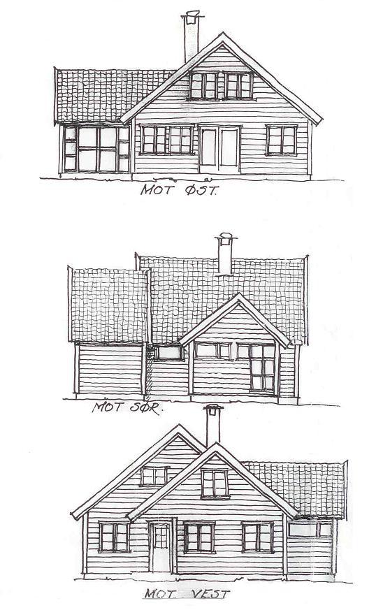 Fasadeteikningar av hus sett frå aust, sør og vest. Illustrasjon.
