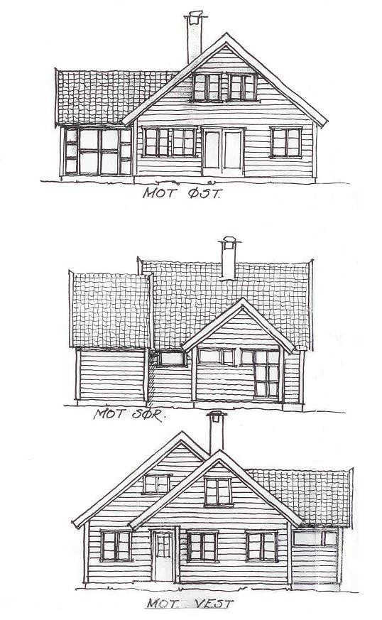 Fasadetegning av hus sett fra øst, sør og vest. Illustrasjon.