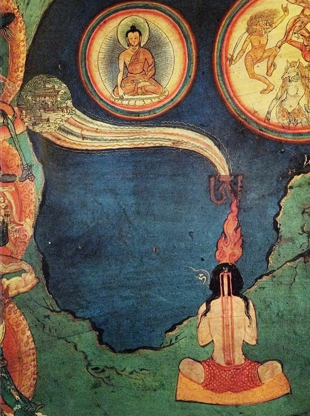 Mann mediterer vend mot eit bilete av Buddha på himmelen. Flammar og symbol stig frå hovudet hans. Oppe til høgre er det ulike mytiske figurar. Måleri.