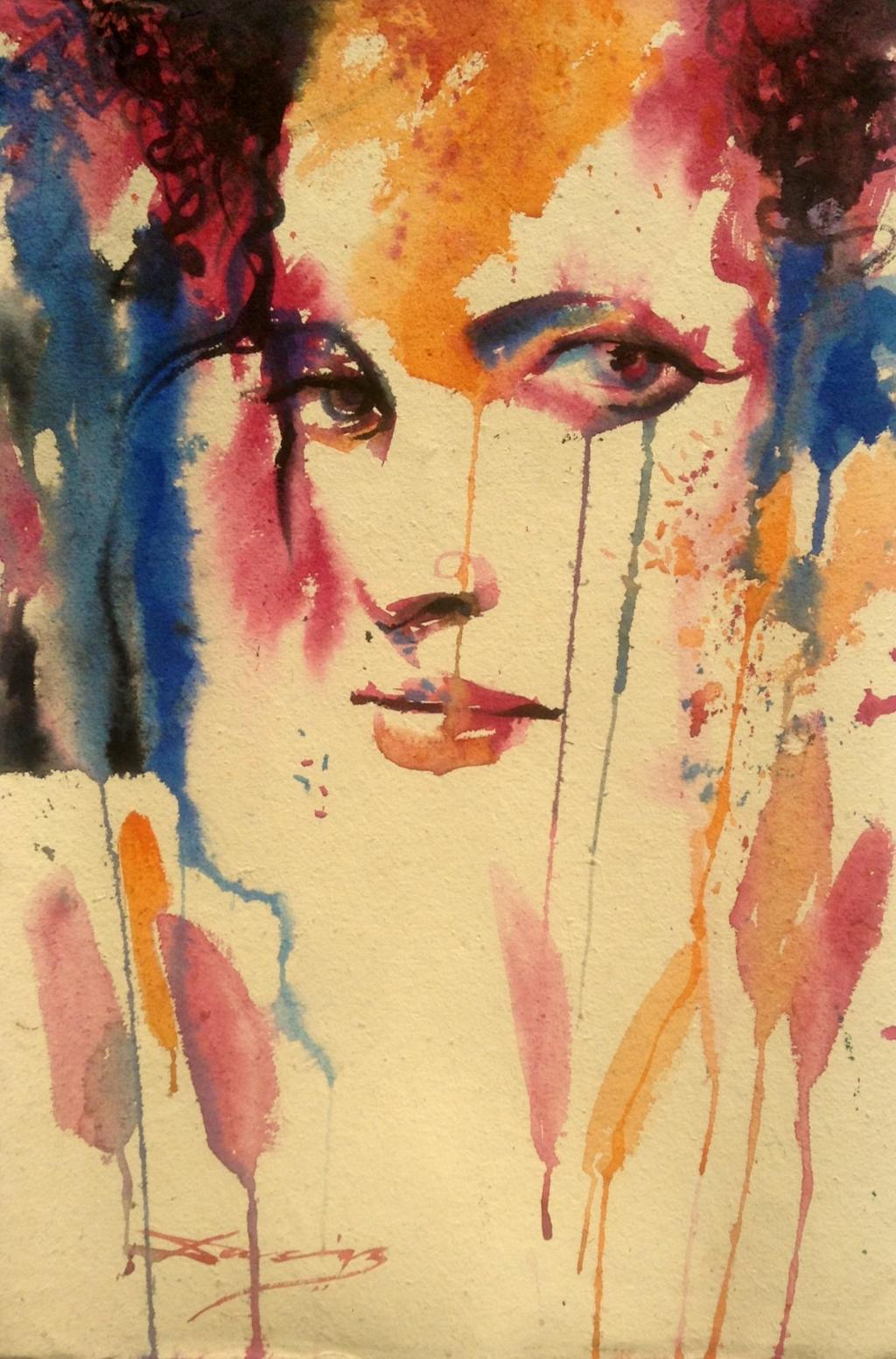 Painting: Warercolour portrait. We see feminine features. There are dashes of colour.  