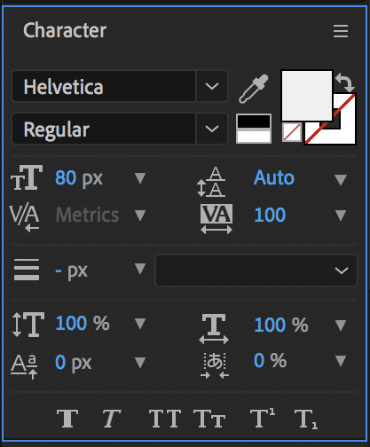 Utsnitt av "Character" frå arbeidsvindauget i After Effects med ulike innstillingar som er relaterte til skriftstorleik, val av font, farge til bokstavar, bold og kursiv. Skjermutklipp.