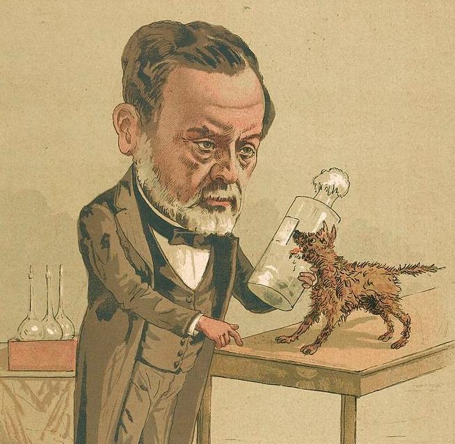 Karikaturtegning av mann som står ved bord med hund oppå. Mannen holder det som kan se ut som en medisinflaske, fram mot hunden.