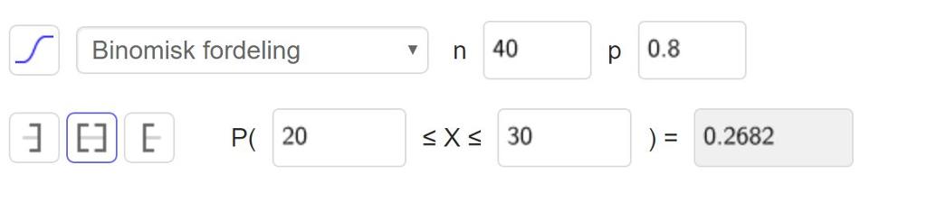 Sannsynskalkulatoren i GeoGebra. Det er valt «Binomisk fordeling» med n lik 40 og p lik 0,8. Svaret er gitt som P parentes 20 mindre enn eller lik 30 parentes slutt er lik 0,2682. Skjermutklipp. 
