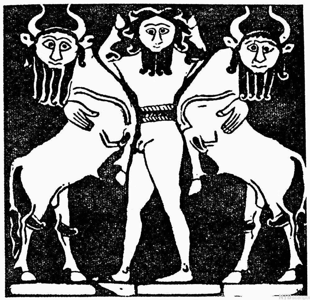 Helten Gilgamesj temmer to udyr. Tresnitt laget etter et sumerisk kunstverk fra 3000-tallet f. Kr.