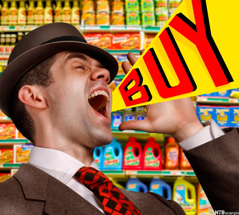 Mann i butikk som roper der det er lagt inn en grafisk illustrasjon som skal vise at ha  roper kjøp.