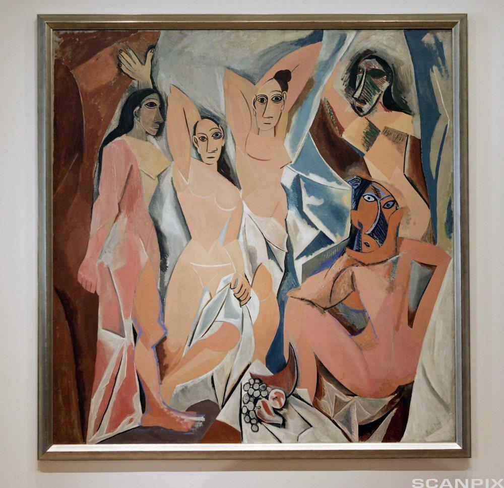 Ei rekke kvinner malt i kubistisk form. Maleri.