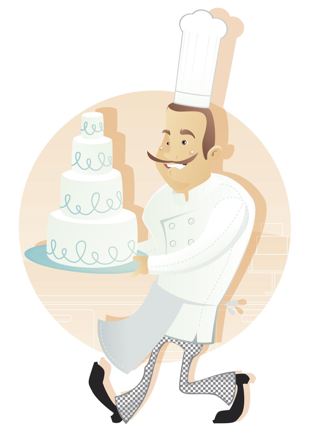 Kokk som bærer en kake. Illustrasjon.