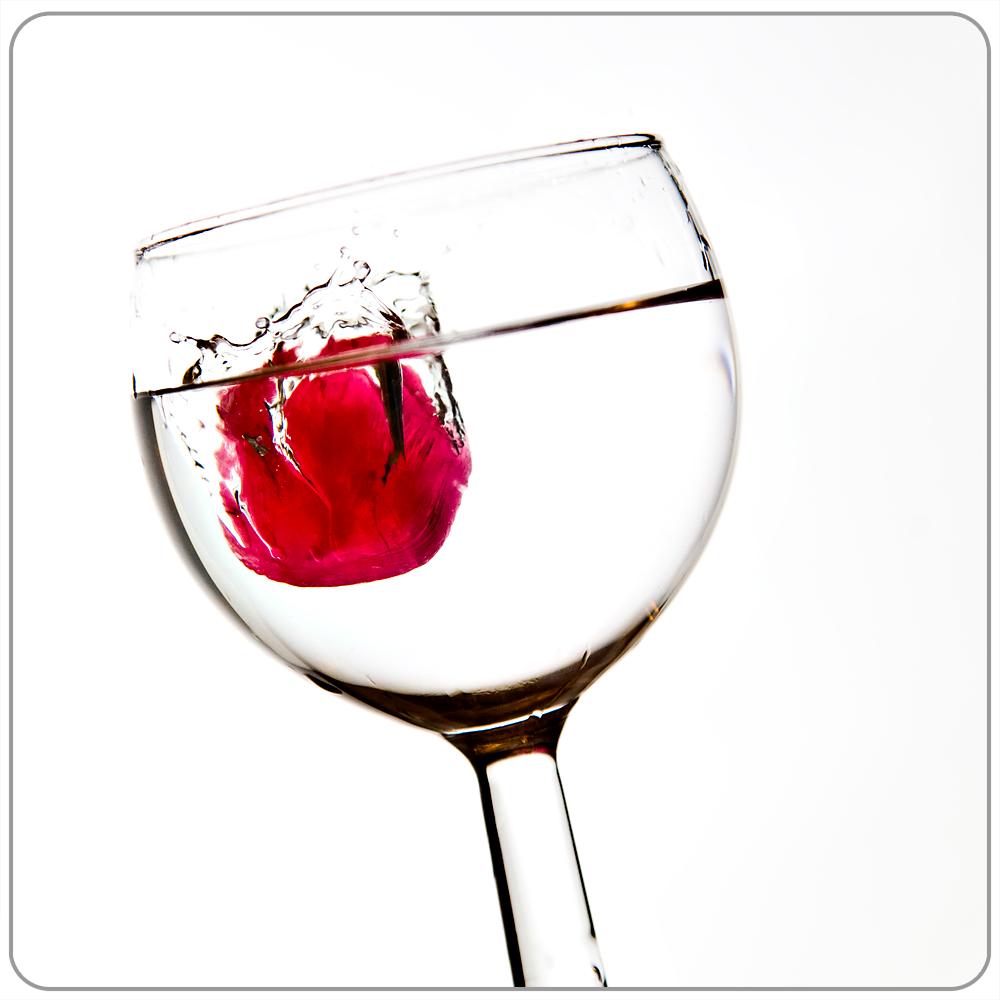 Et rødt bær lander i et vannglass. Foto.