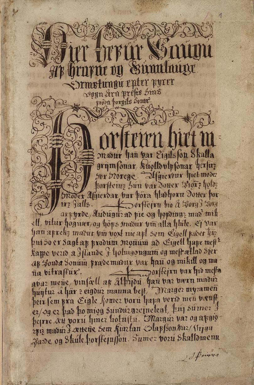 Førstesida av et handskrift med Gunnlaug Ormstunges saga. Faksimile.
