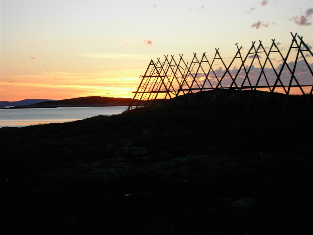 Fjordlandskap med fiskehjell i solnedgang. Foto. 
