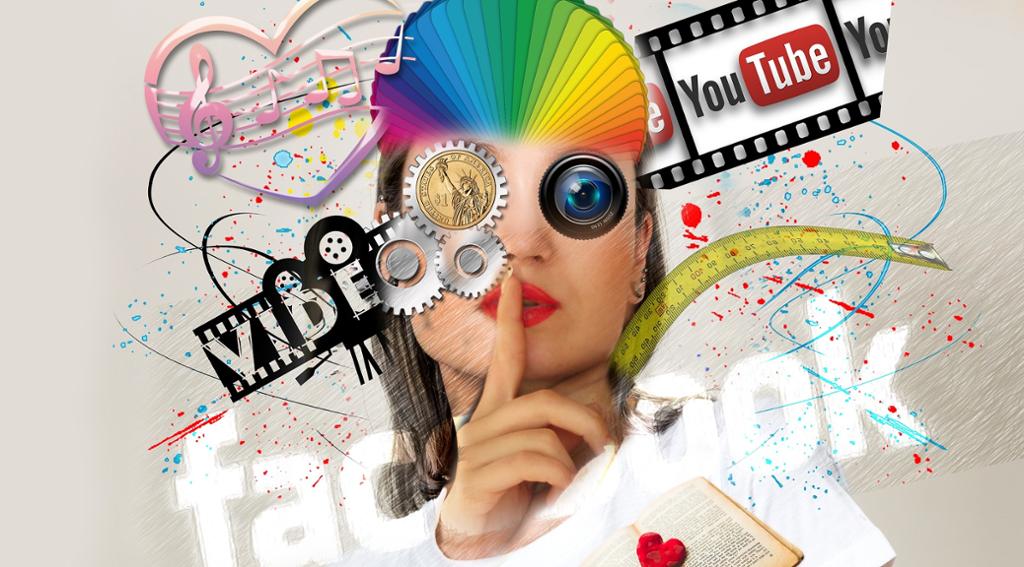 Kvinne med rød leppestift og en kameralinse over det ene øyet, omringet av logoene til forskjellige sosiale medier. Illustrasjon. 