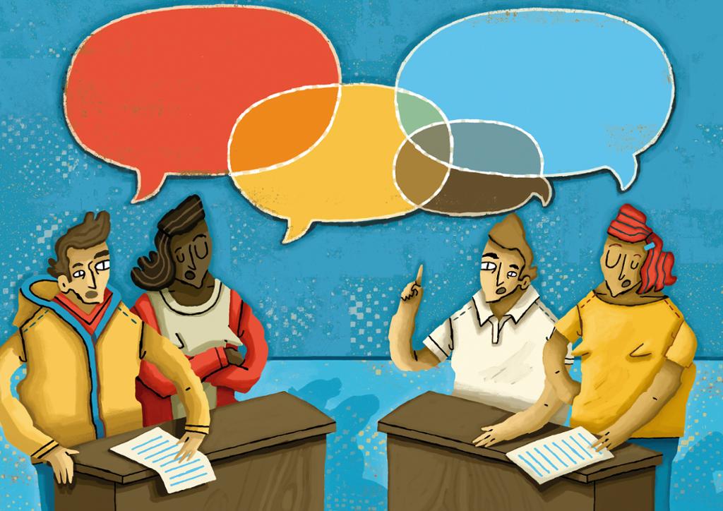 Illustrasjon av fire personer som deltar i en skoledebatt. Illustrasjon.