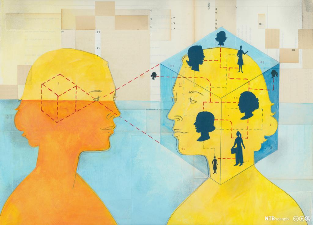To personer kommuniserer. To personer er tegnet i gult. Tankene deres er illustrert med streker og silhuetter inne i hodet på dem, og det går stiplede linjer mellom dem. Tegning.