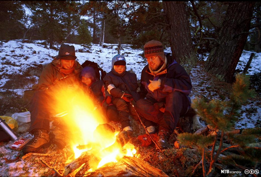 To voksne og to barn brenner bål i skogen. Foto. 