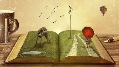 Sett gjennom vindusglass med regndråper på – åpen bok på et bord med tredimensjonale illustrasjoner av en park med lykt, hund, jente med rød paraply, fugler og en luftballong. Illustrasjon.