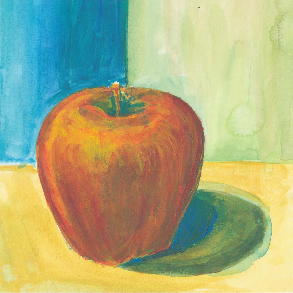 Rødt eple mot blå, gul og grønn bakgrunn. Maleri.