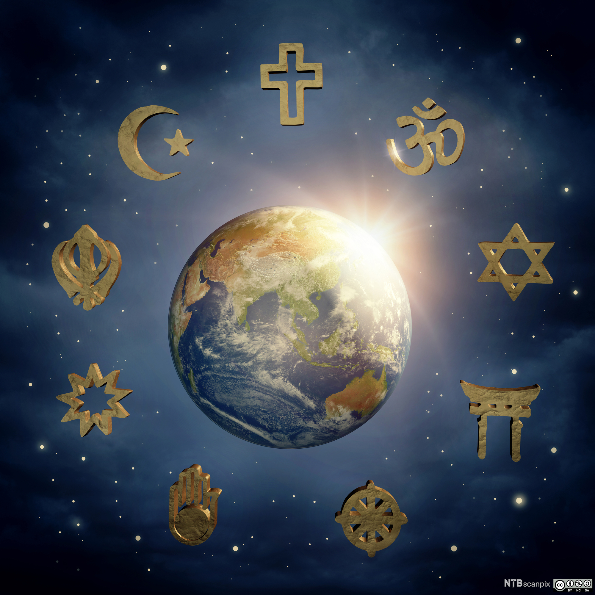 Religiøse symboler rundt en jordklode. Illustrasjon.