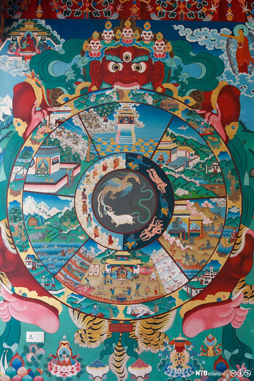 Ulike sirkler som skal forklare gjenfødelsen i buddhismen. Maleri.