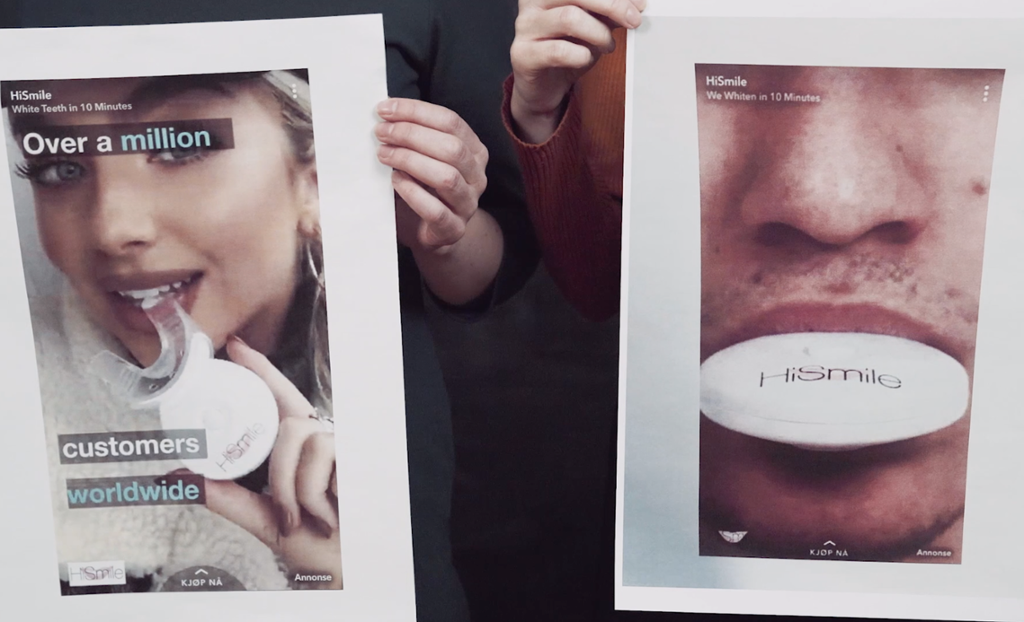 To plakater med reklame for samme tannblekingsprodukt. Den ene har bilde av ei pen kvinne som smiler forførerisk, den andre har et røffere nærbilde av en munn. Foto. 