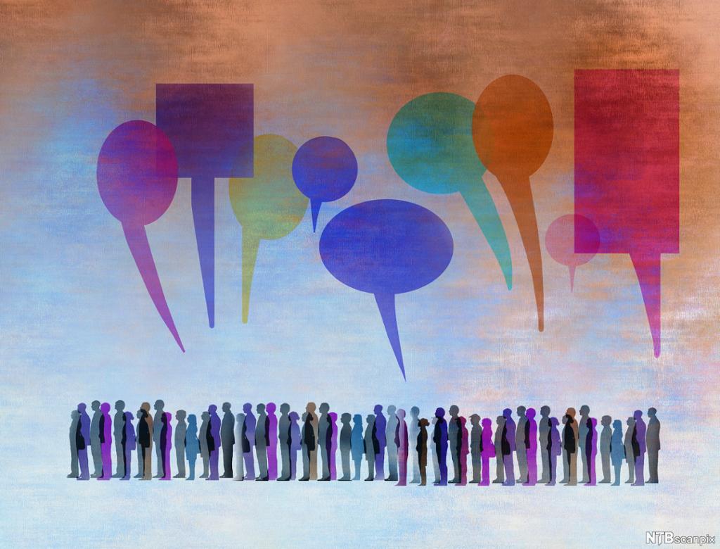Gruppe med fargede silhuetter av personer under store snakkebobler. Illustrasjon.