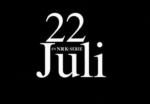 Logoen til TV-serien «22. juli». Teksten «22. juli. En NRK-serie» står oppstilt på svart bakgrunn. Foto.