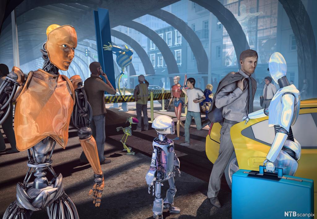 Et futuristisk bymiljø med mennesker og roboter med ulike utforminger. Illustrasjon.